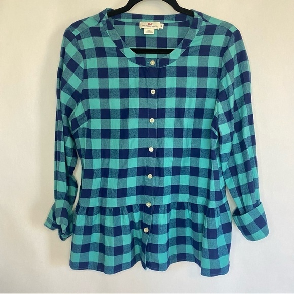 Vineyard Vines Plaid Peplum Button Down Shirt Size 12 - Picture 2 of 11